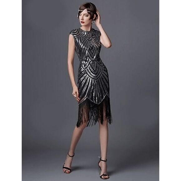 ✨ Flapper Great Gatsby Roaring 1920s Retro Tassel Fringe Silver Sequin Dress NEW - Picture 5 of 17